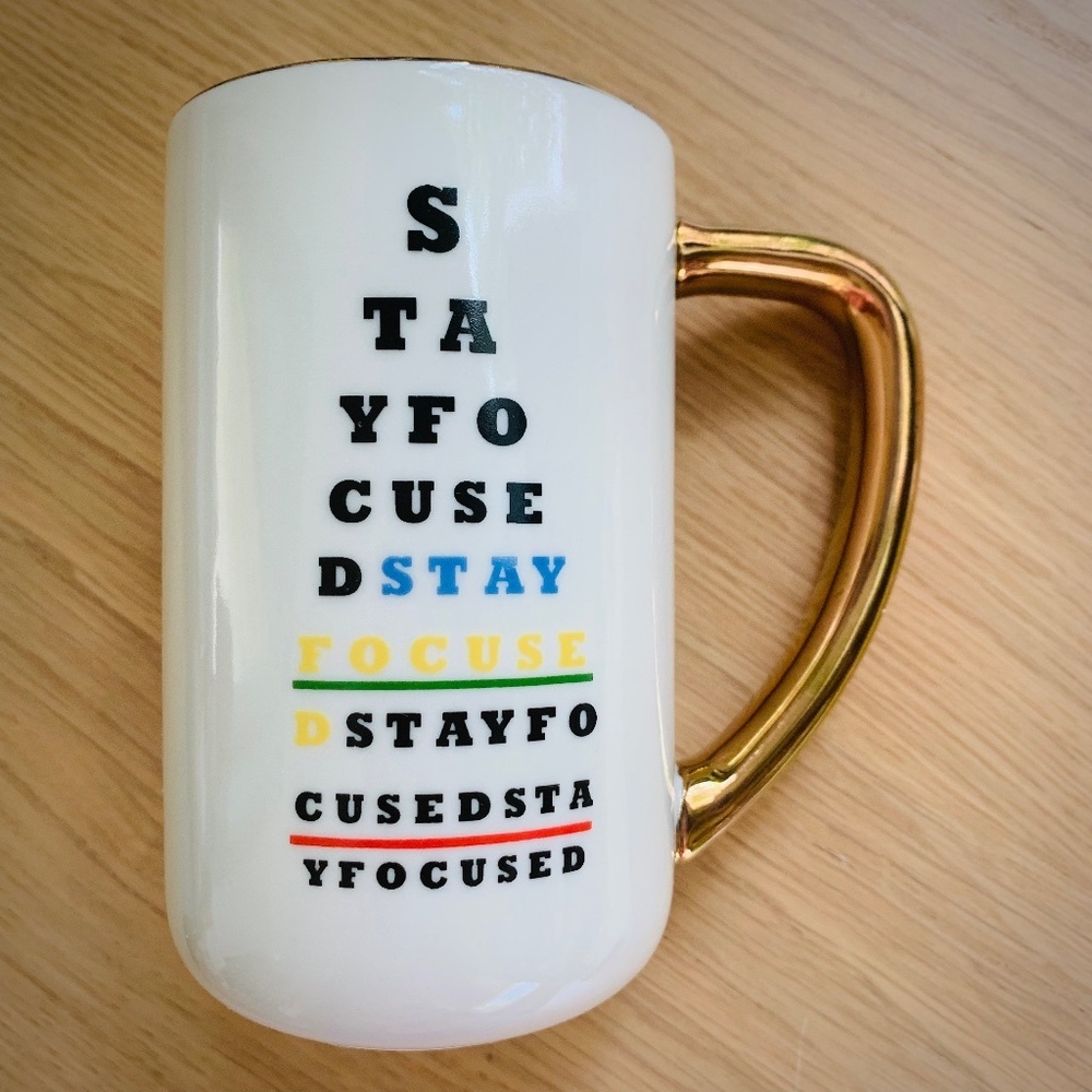 “Stay Focused” Coffee Mug Eye Chart Style Gold Handle Optical Gift